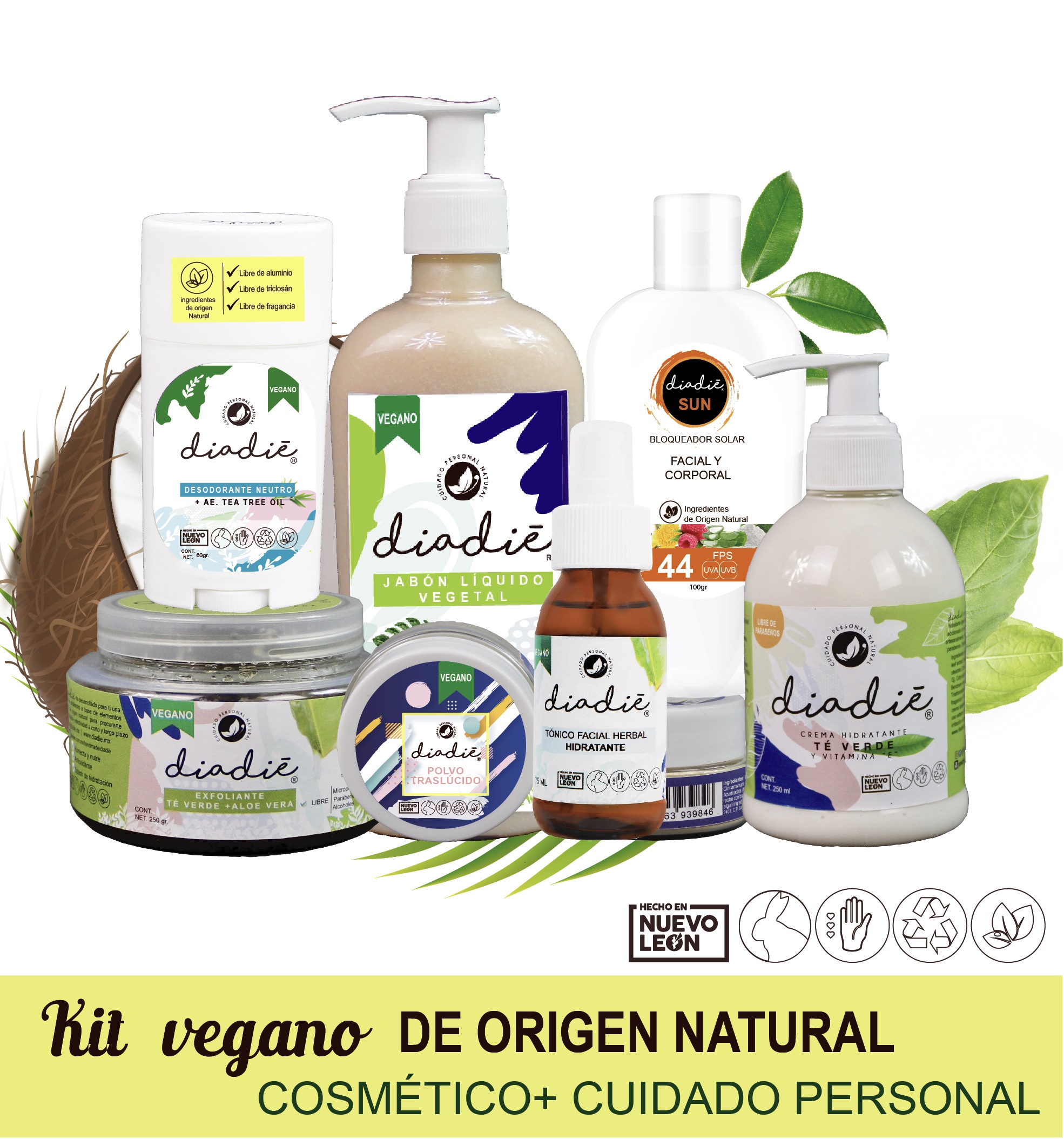 Diadie Kit vegano completo cosmetico y de cuidado personal. Antioxidante. Libre de quimicos. De origen natural. Cuidado de la piel
