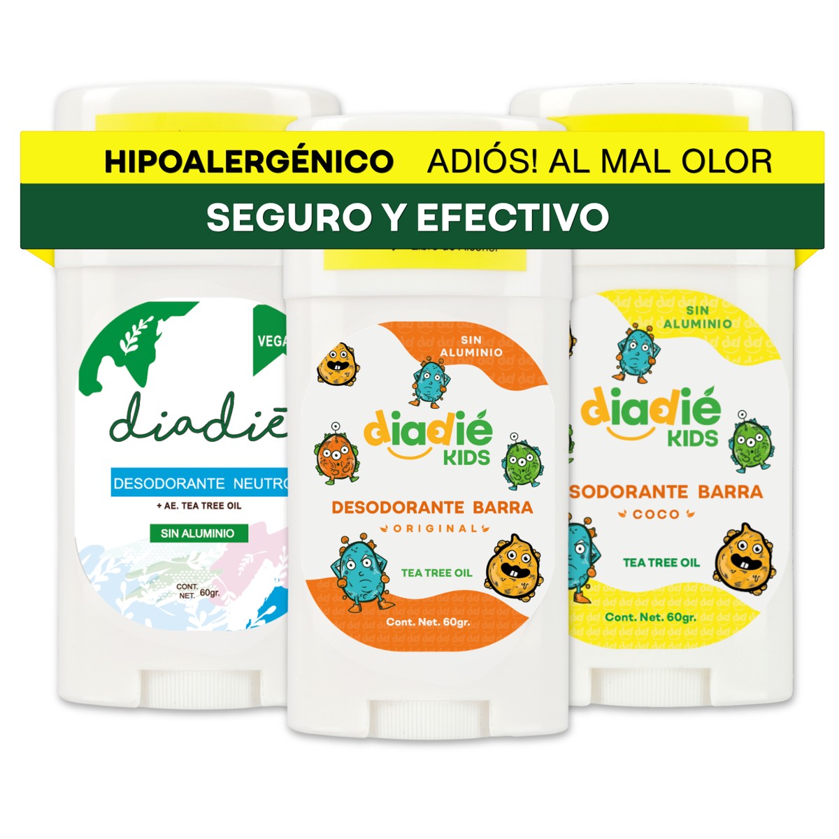 DIADIE KIDS Desodorante natural Niños Barra, Original, Coco, Neutro 3 Pack