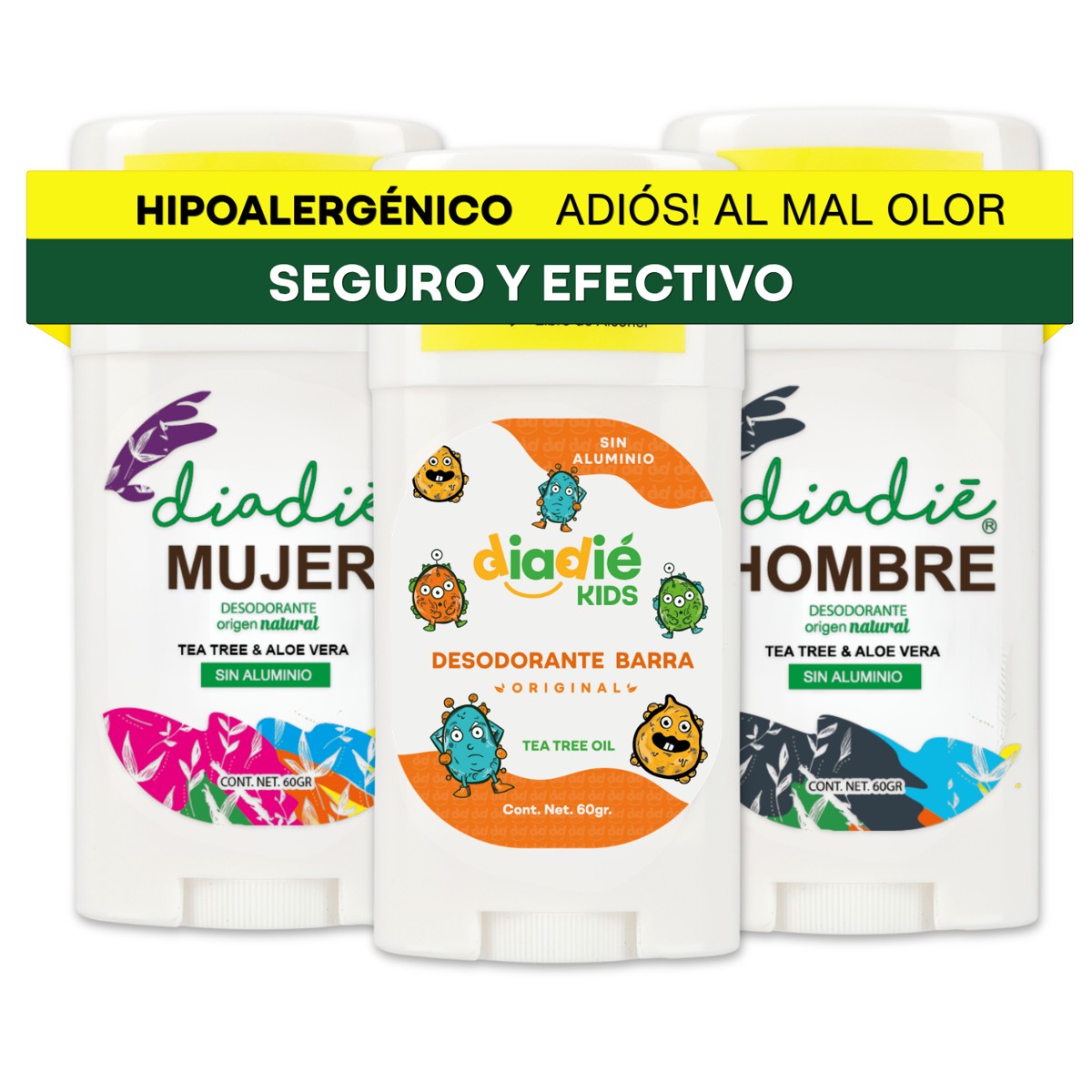 DIADIE Desodorante natural Barra, Kids Original + Hombre + Mujer 3 Pack
