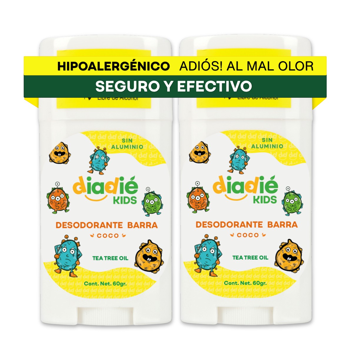 DIADIE KIDS Desodorante natural para Niños, Barra, Coco 2 Pack