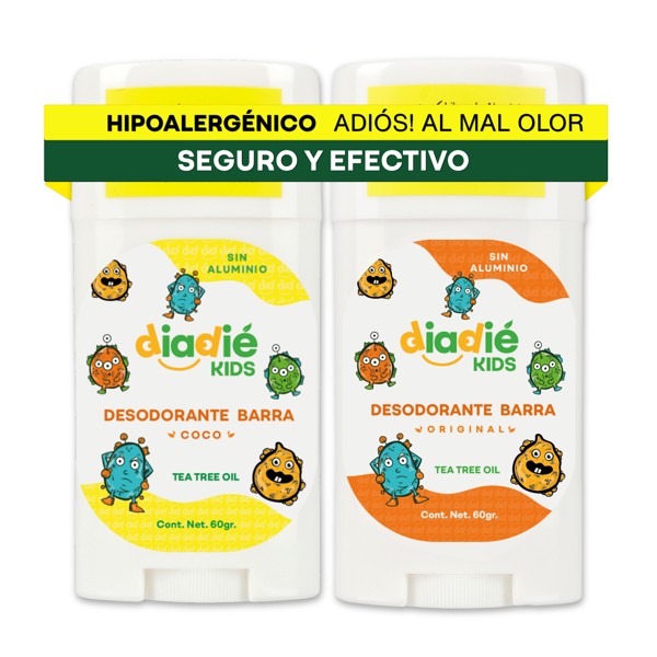 DIADIE KIDS Desodorante natural para Niños, Barra, Original y Coco 2 Pack