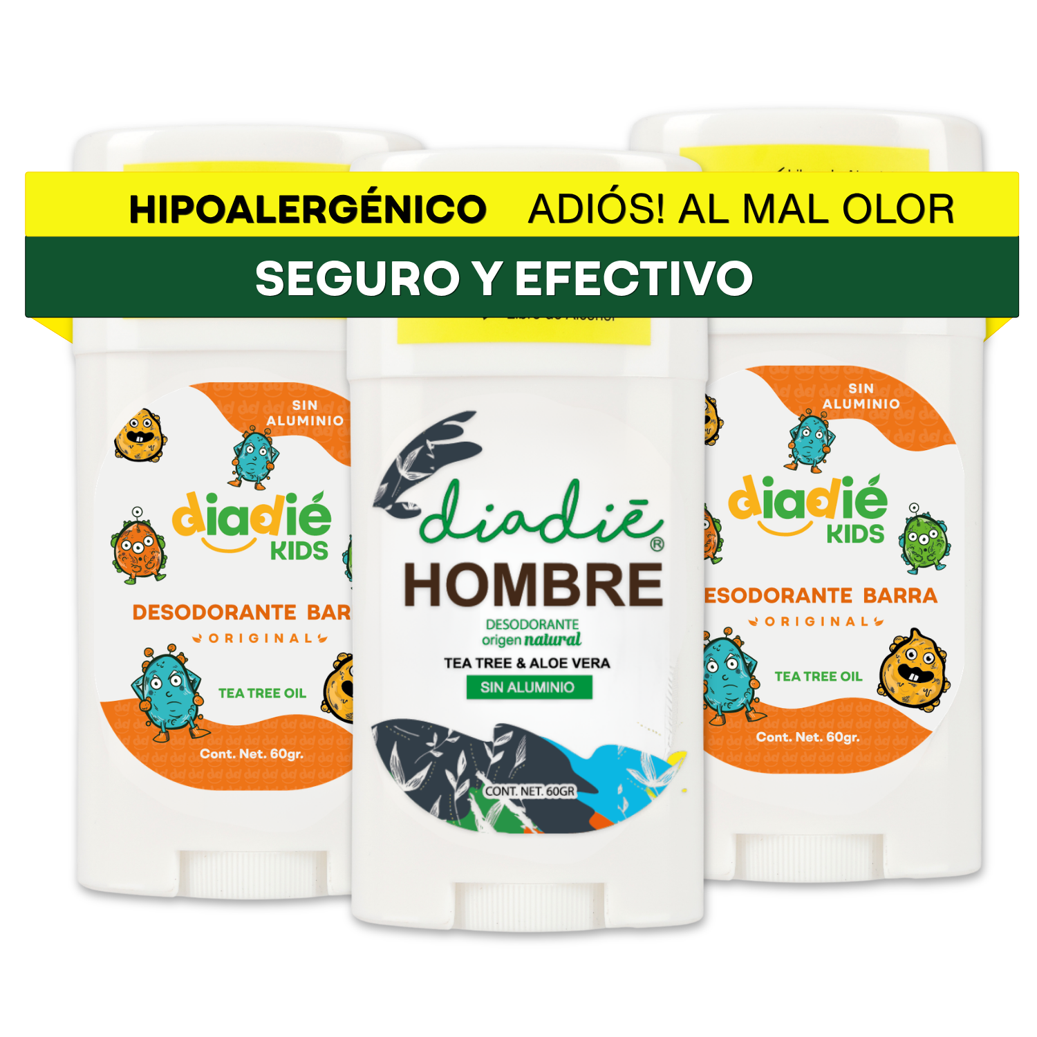 DIADIE Desodorante natural Barra, Kids Original + Hombre 24hrs 3 Pack