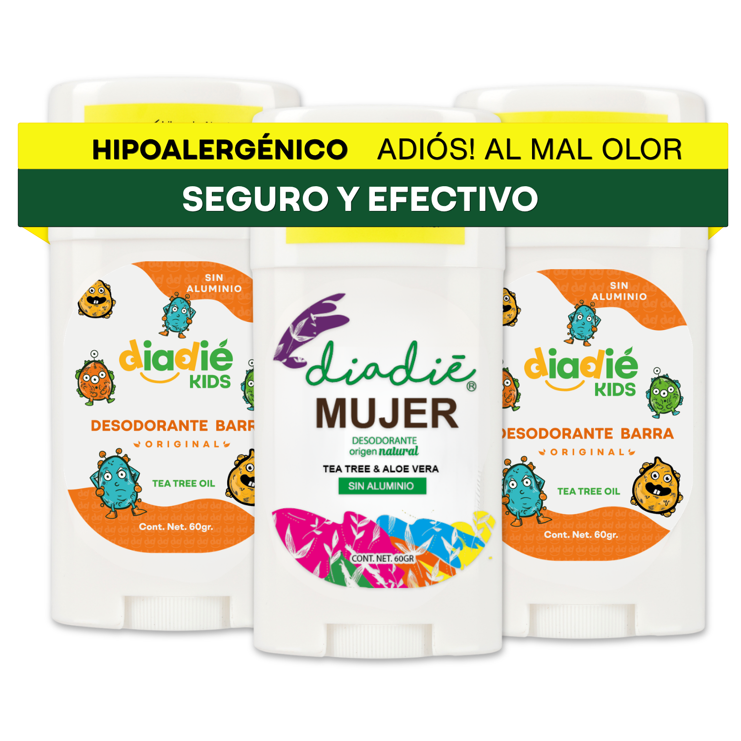 DIADIE Desodorante natural Barra, Kids Original + Mujer 24hrs 3 Pack