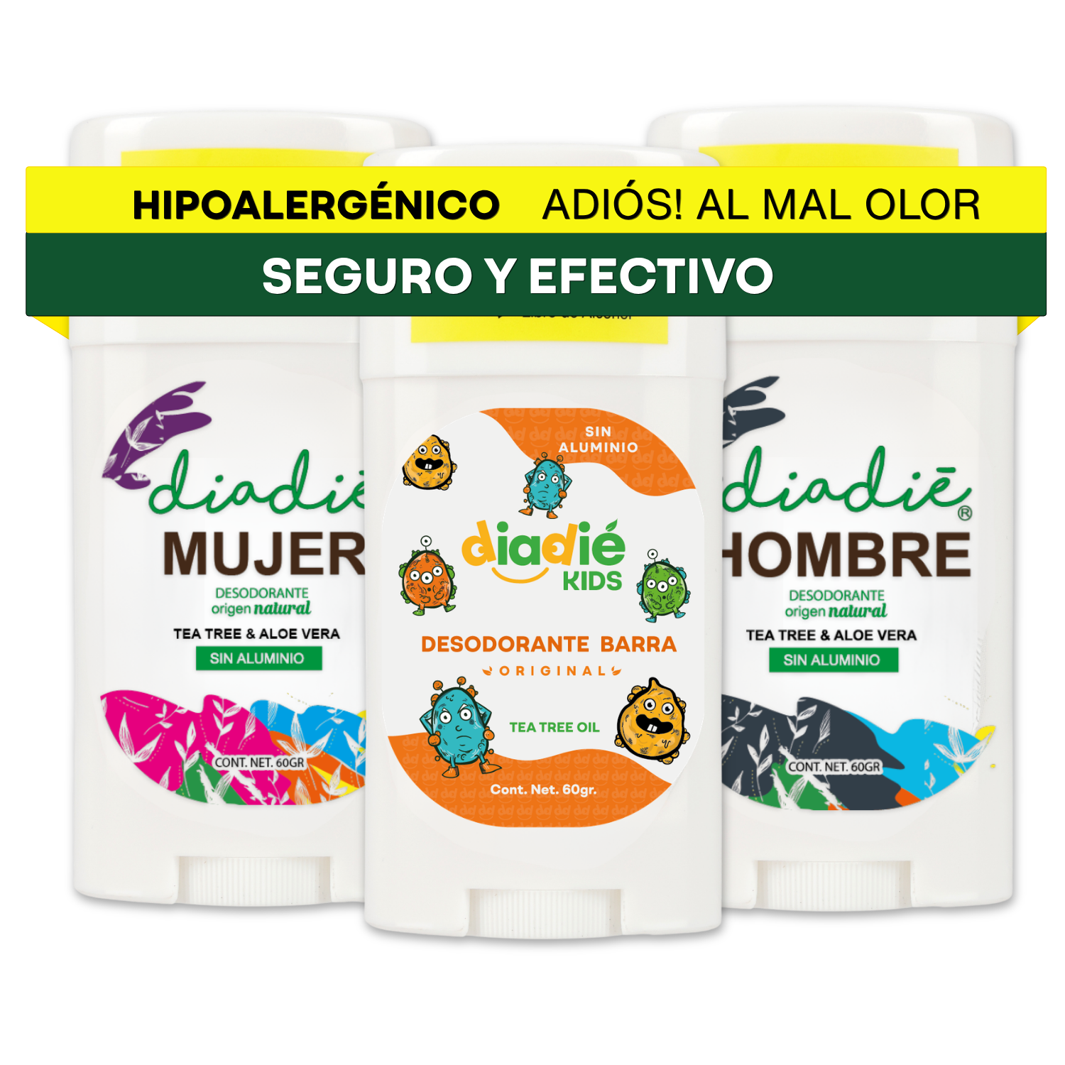 DIADIE. 3pack. Familiar. Desodorante natural. libre de aluminio. Desodorante para niños, Desodorante para adulto. 3pack
