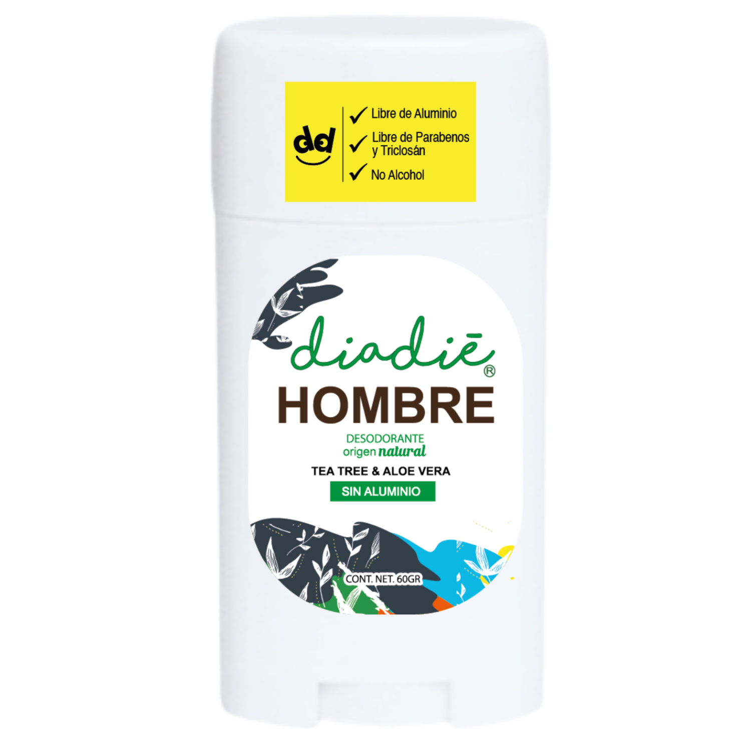 Diadie, desodorante natural, desodorante para hombre. Elimina mal olor, sin tapar poros. Proteccion 24hrs. Barra.  60gr. 1pack