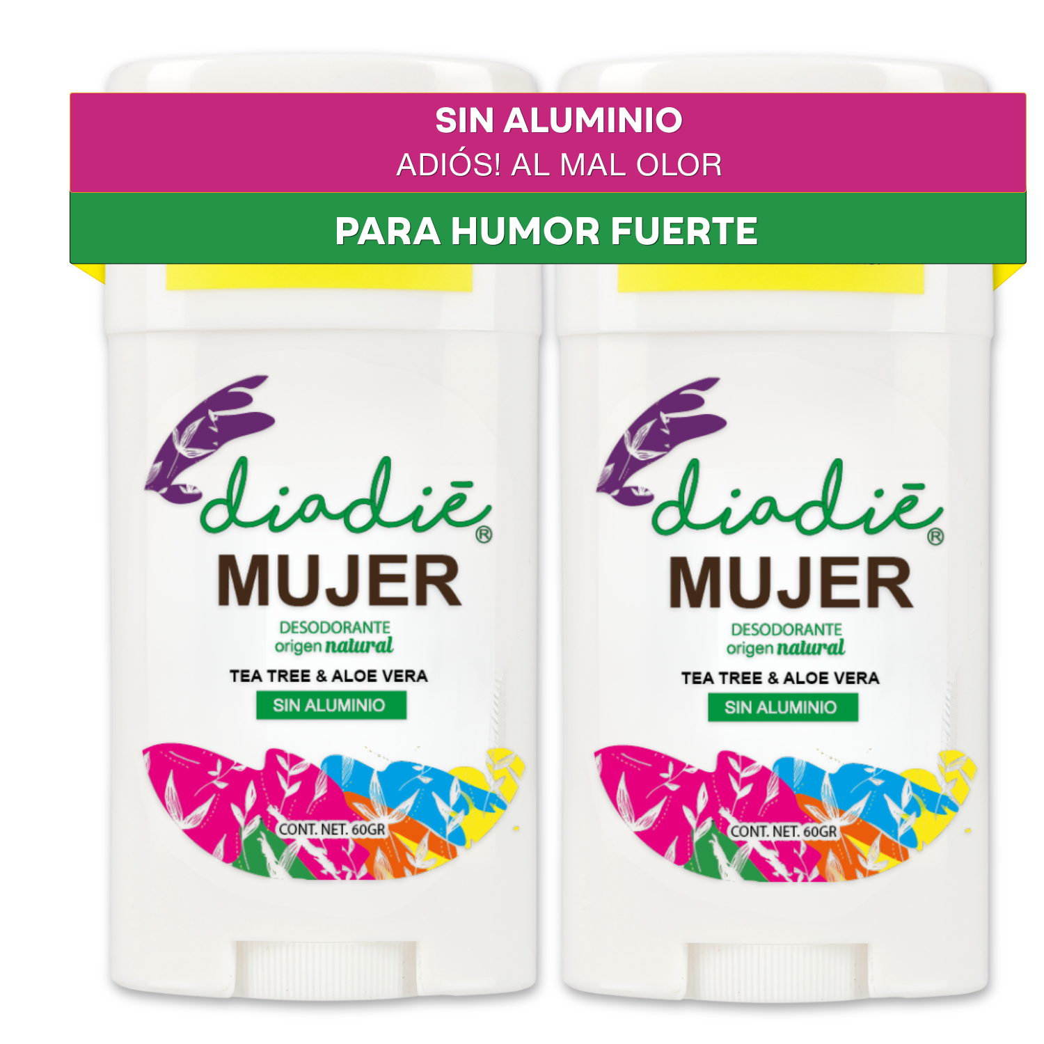 DIADIE Desodorante natural Barra, Mujer, humor fuerte, 24hrs 2 Pack