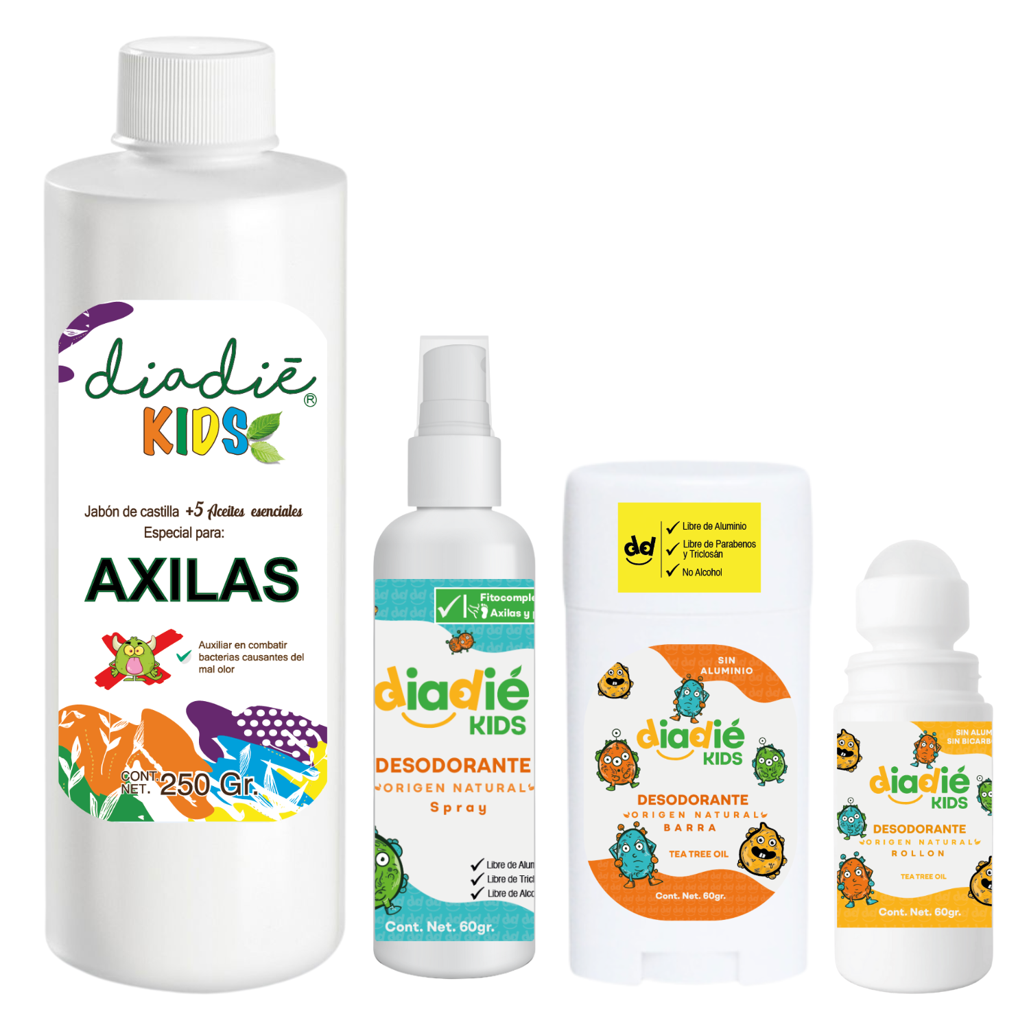 DIADIE KIDS. COLLECTION. Higiene personal, natural , para niños, para niñas. Desodorante natural. 4pack