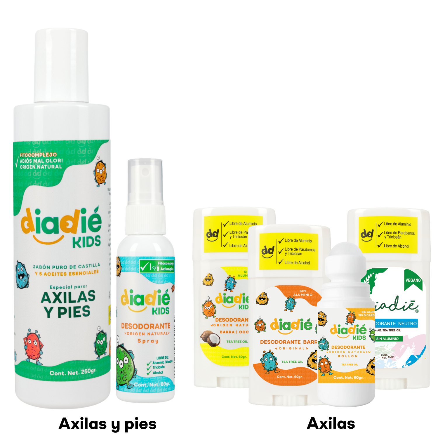 DIADIE KIDS. COLLECTION. Desodorantes. Axilas y pies. Higiene personal, natural, para niños. Elimina mal olor. 6pack