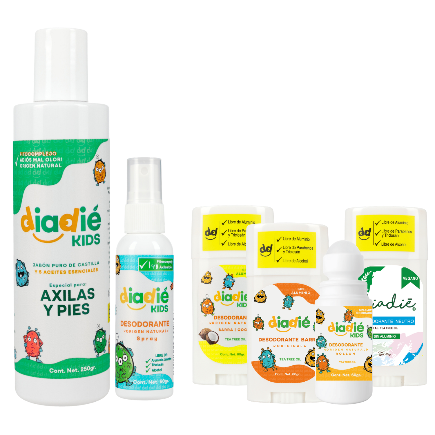 DIADIE KIDS. COLLECTION. Desodorantes. Axilas y pies. Higiene personal, natural, para niños. Elimina mal olor. 6pack