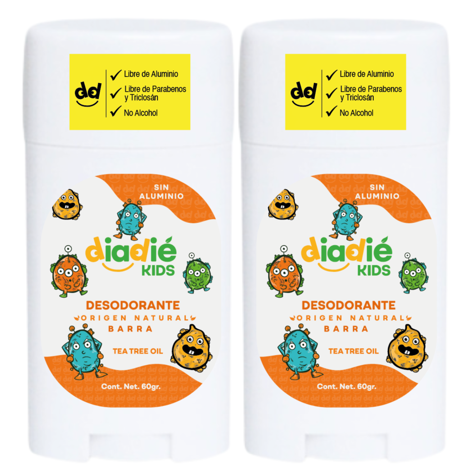 Diadie Kids, Desodorante para Niños, Niñas, desodorante Natural, elimina mal olor, Sin Aluminio, Barra, 60g, 2 Pack