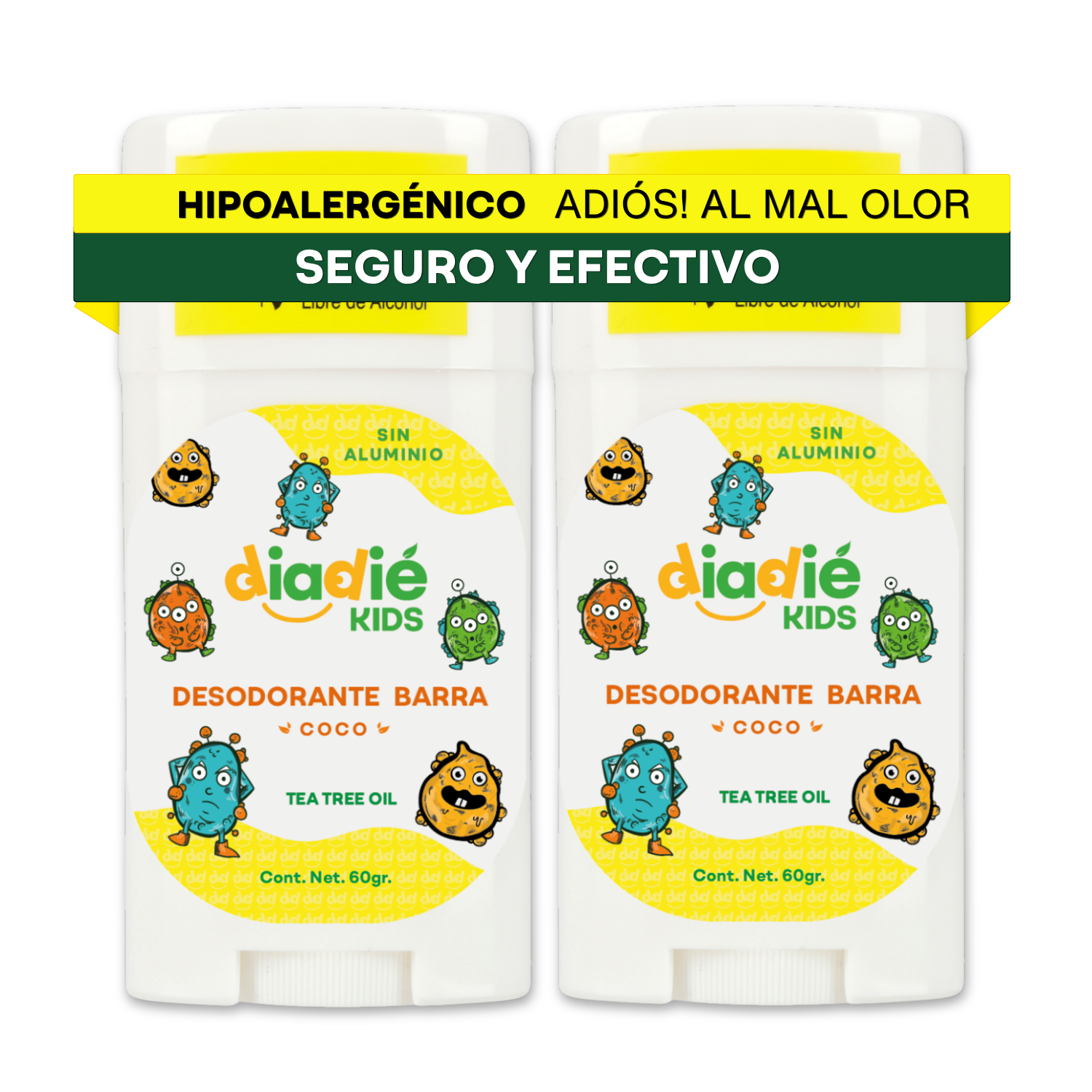 DIADIE KIDS Desodorante Natural para Niños | Barra| Sin Aluminio | Elimina mal olor | COCO | 7+ años | 60g | 2 Piezas
