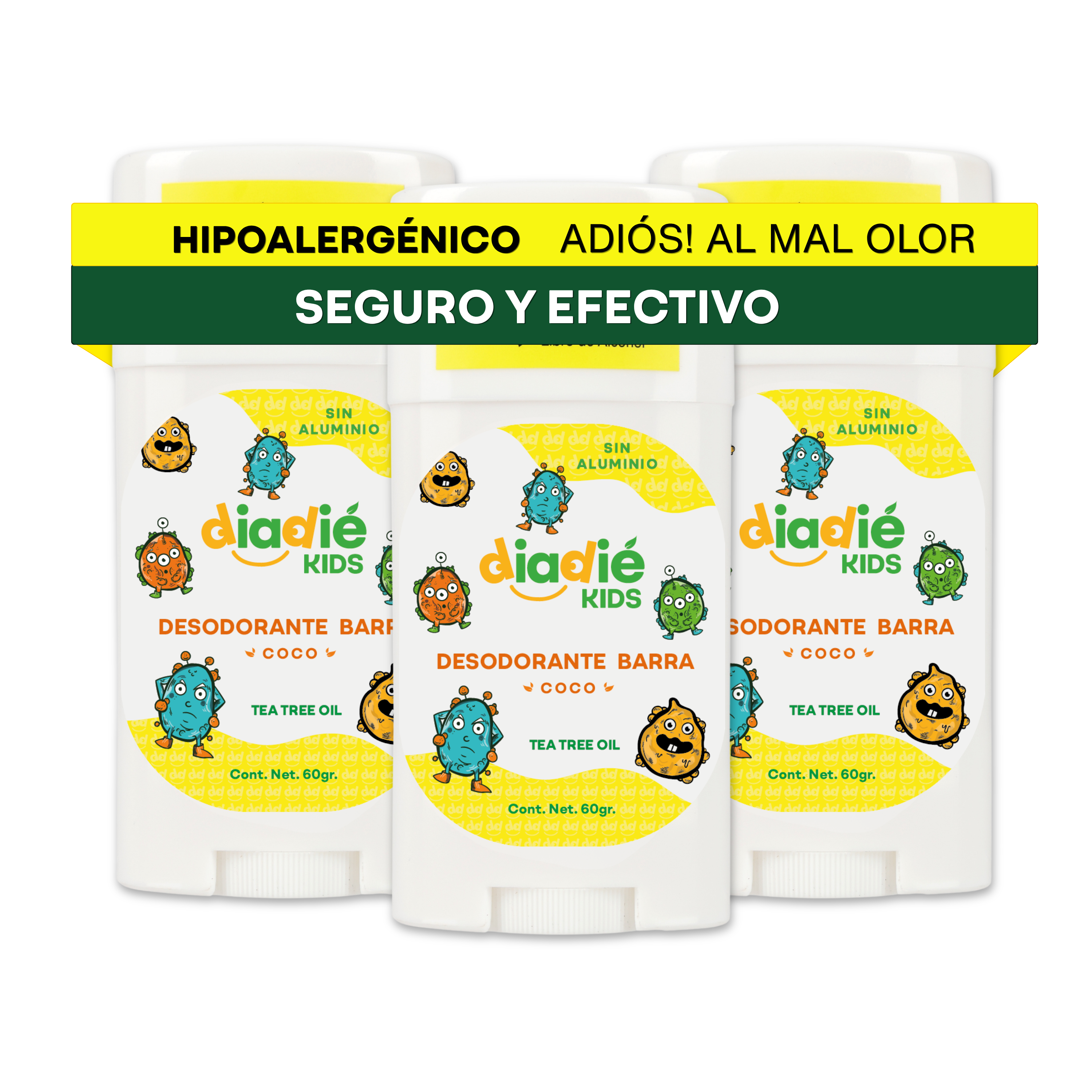 DIADIE KIDS Desodorante natural para Niños, Barra, Coco 3 Pack