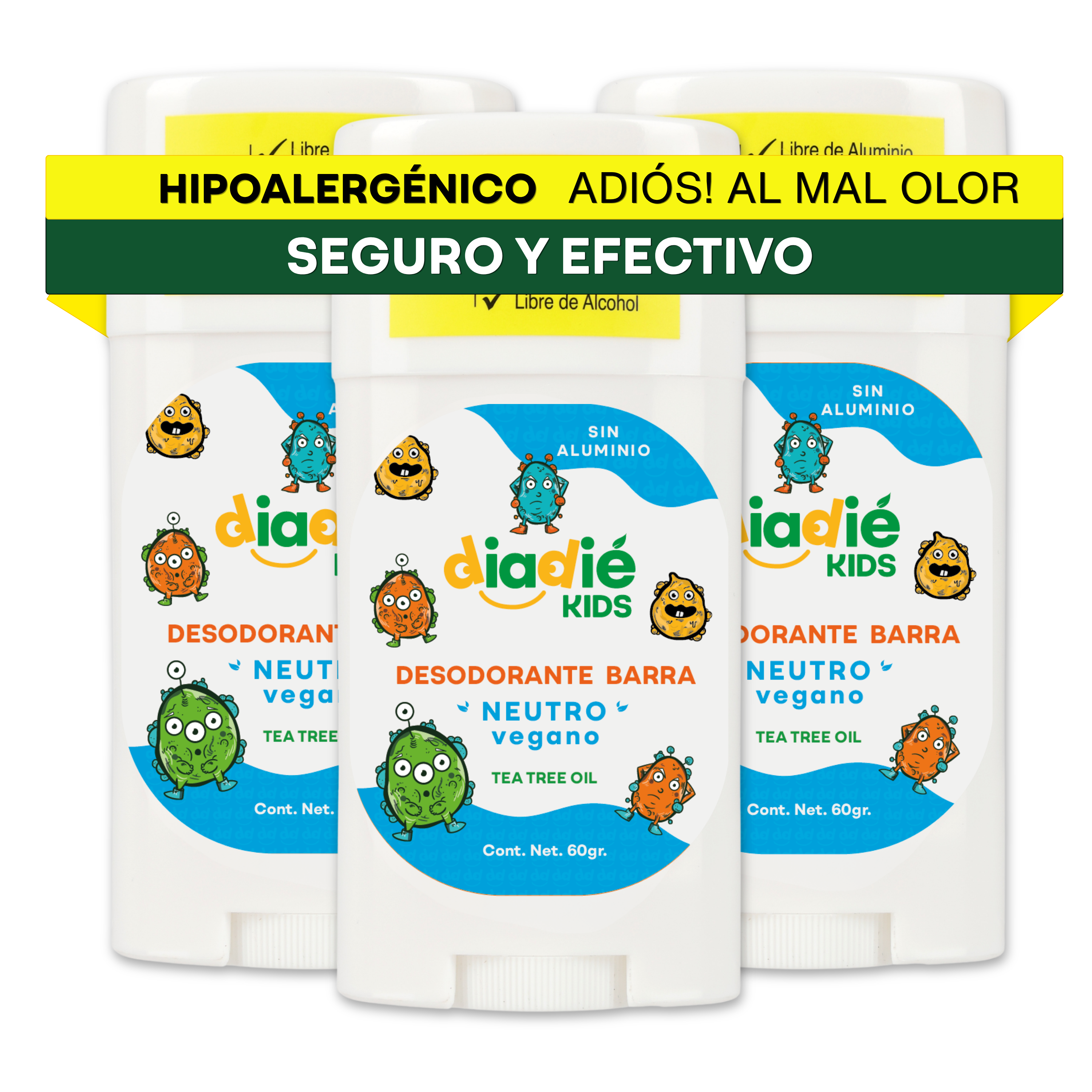 DIADIE KIDS Desodorante natural para Niños, Barra, Neutro 3 Pack