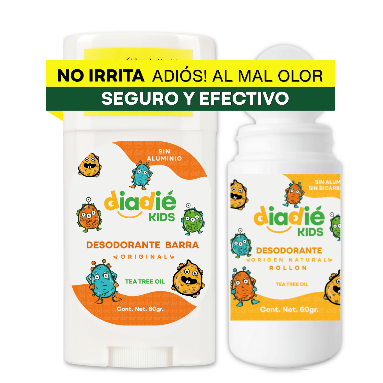 Diadie Kids, Desodorante para Niños, Niñas, sin Aluminio, Elimina mal olor, desodorante natural, Combinado, Barra, Rollon, 60g, 2 Pack