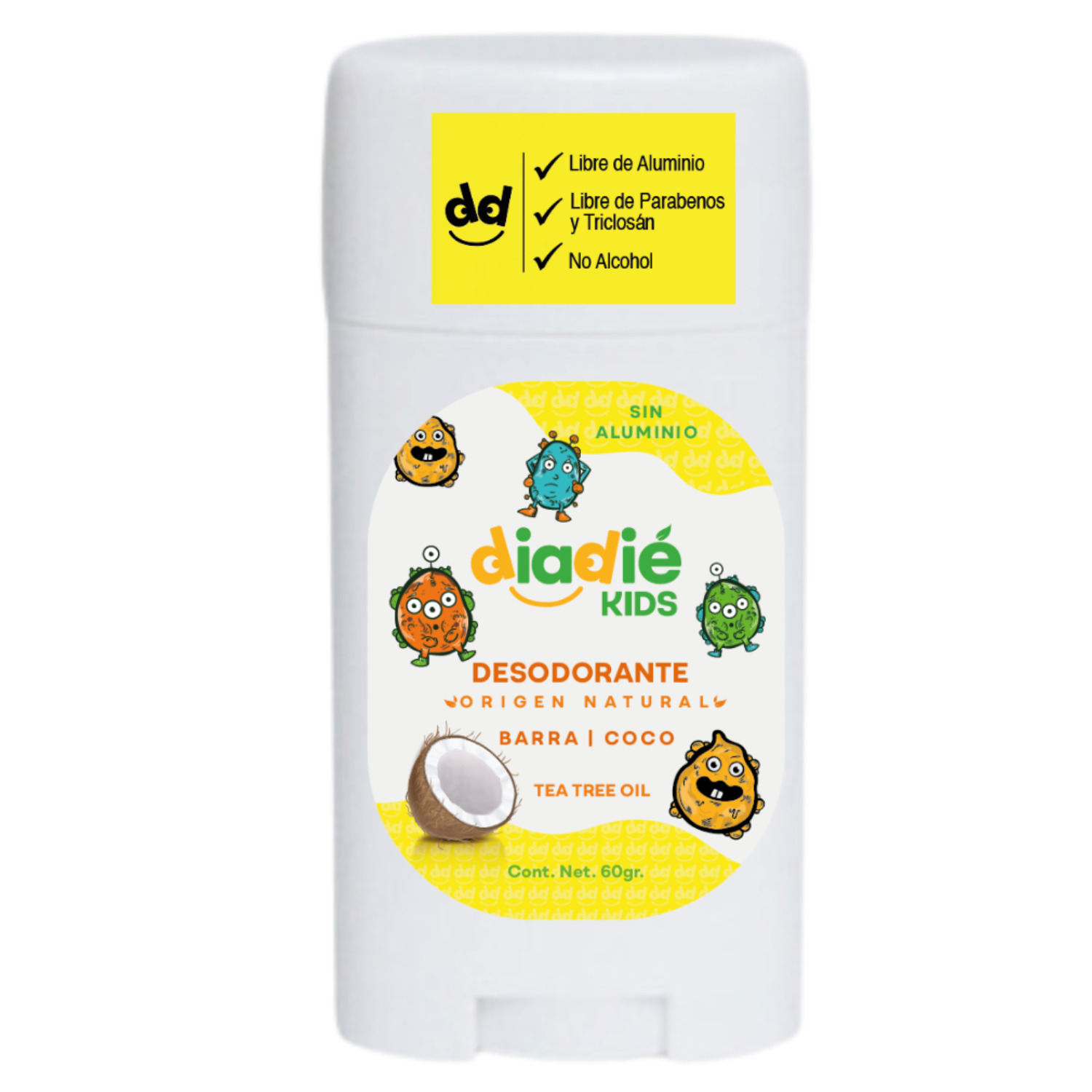 Diadie Kids, Desodorante natural, coco, Desodorante para Niños, Niñas, desodorante infantil, Elimina mal olor,Sin Aluminio, Barra, 60g, 1 Pack