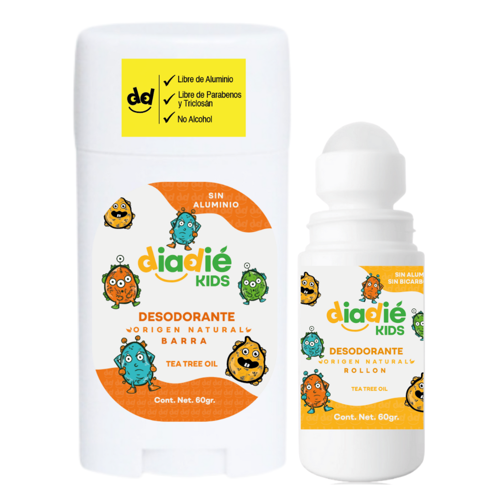 Diadie Kids, Desodorante para Niños, Niñas, sin Aluminio, Elimina mal olor, desodorante natural, Combinado, Barra, Rollon, 60g, 2 Pack