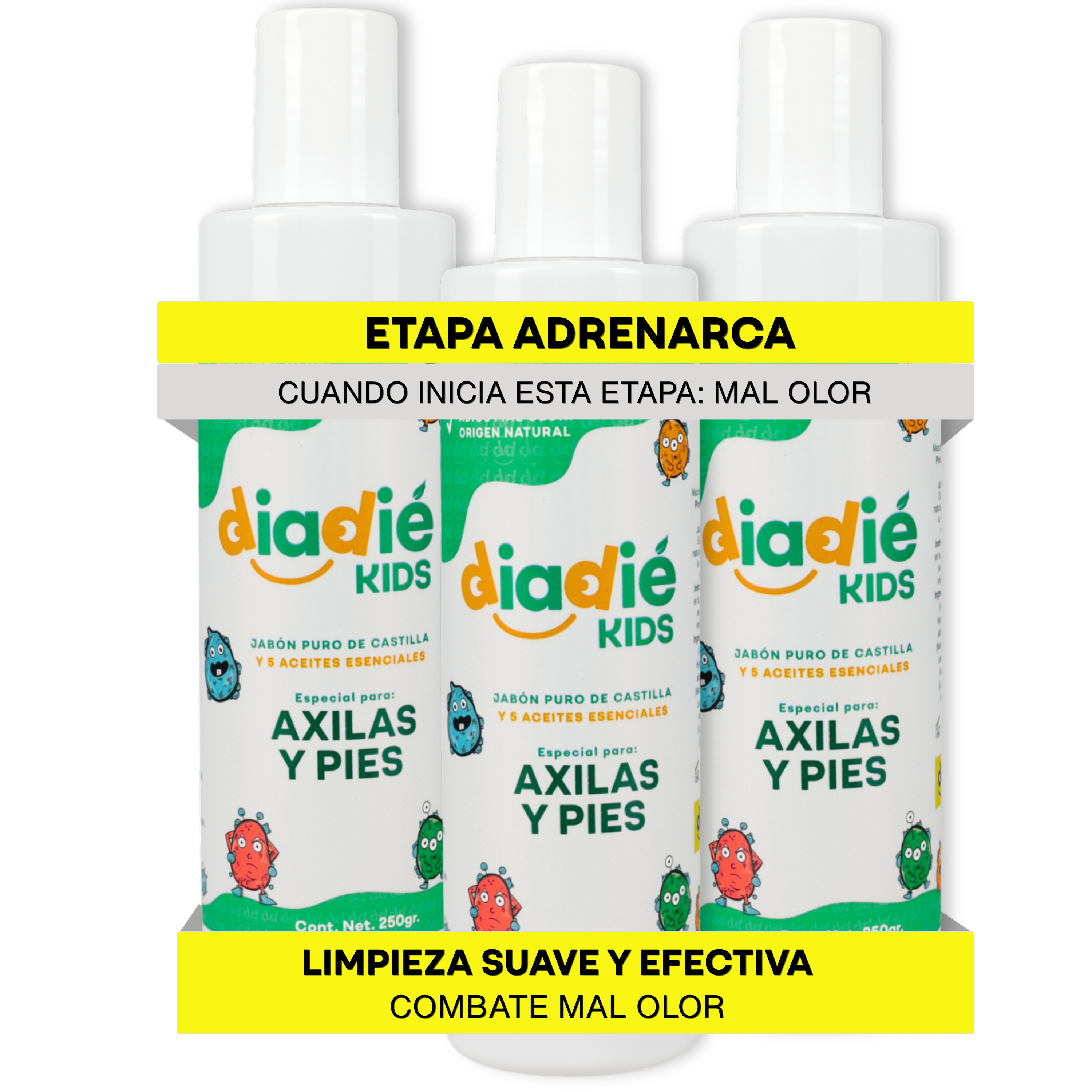 DIADIE KIDS Jabón Desodorante Natural para Niños axilas y pies 3 Pack
