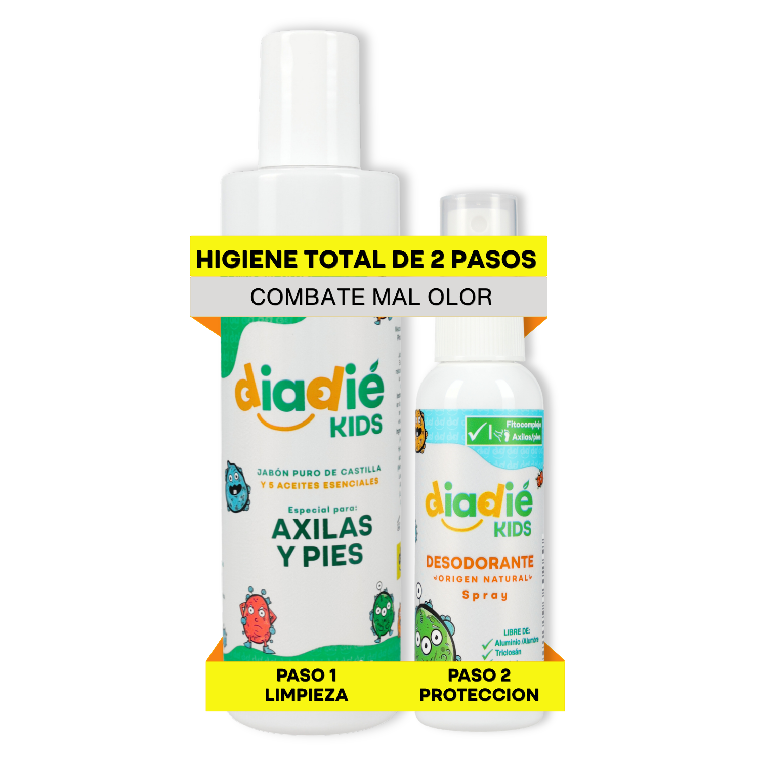 DIADIE Kids, Desodorante natural para niños, para axilas y pies. Spray liquido y Jabon axilas. Elimina mal olor, No tapa los poros. 2 Pack