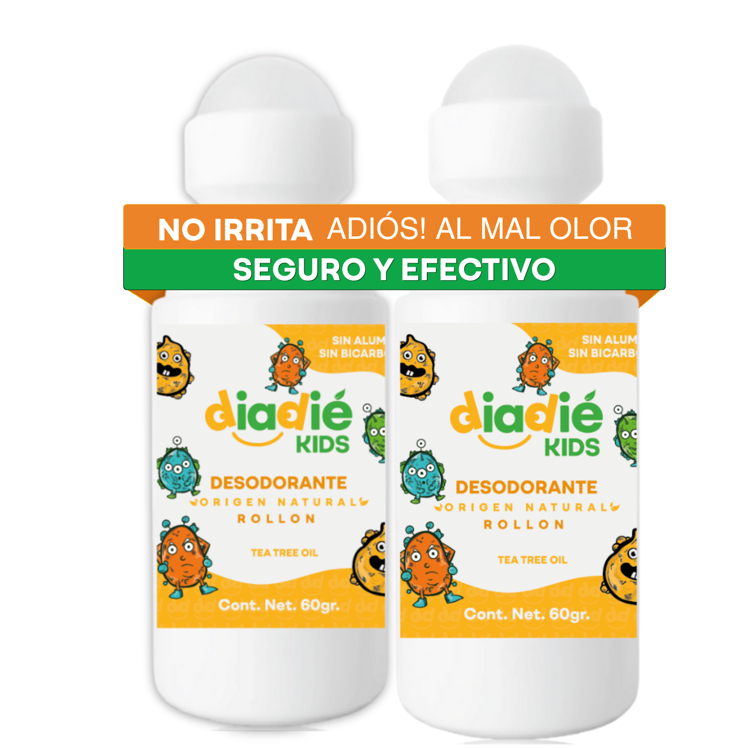 Diadie Kids, Desodorante para Niños, desodorante Niñas, Piel Sensible, Sin Aluminio, Sin Bicarbonato, desodorante Infantil, Desodorante natural, Rollon, 60g, 2 Pack