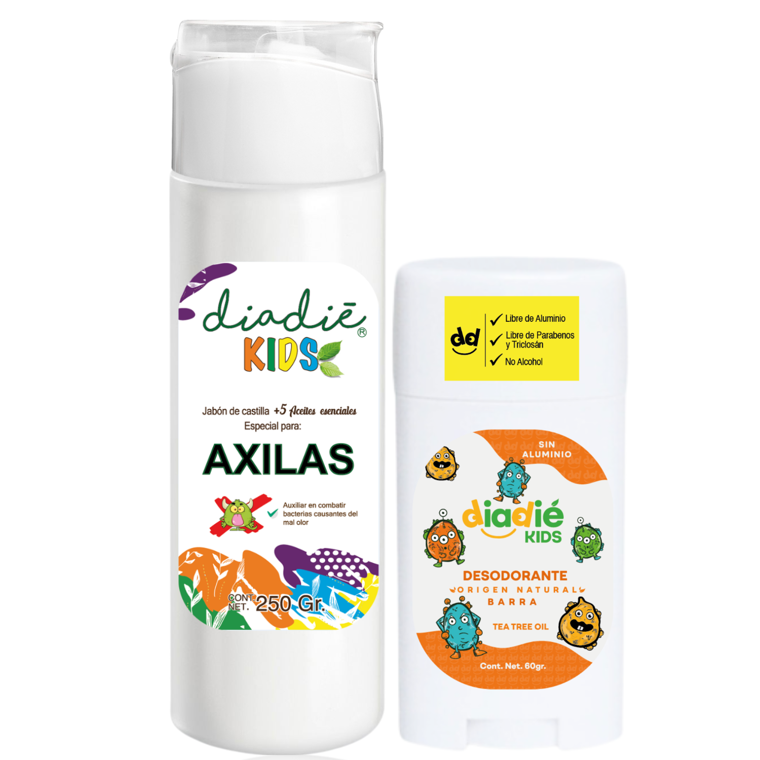 DIADIE KIDS, Combo, Desodorante natural, barra, Jabon Liquido natural, Especial, para Axilas, para Niños, para Niñas, Infantil, para eliminar mal olor, Diadie Kids, barra, 60g, Jabon Liquido 250g, 2 Pack