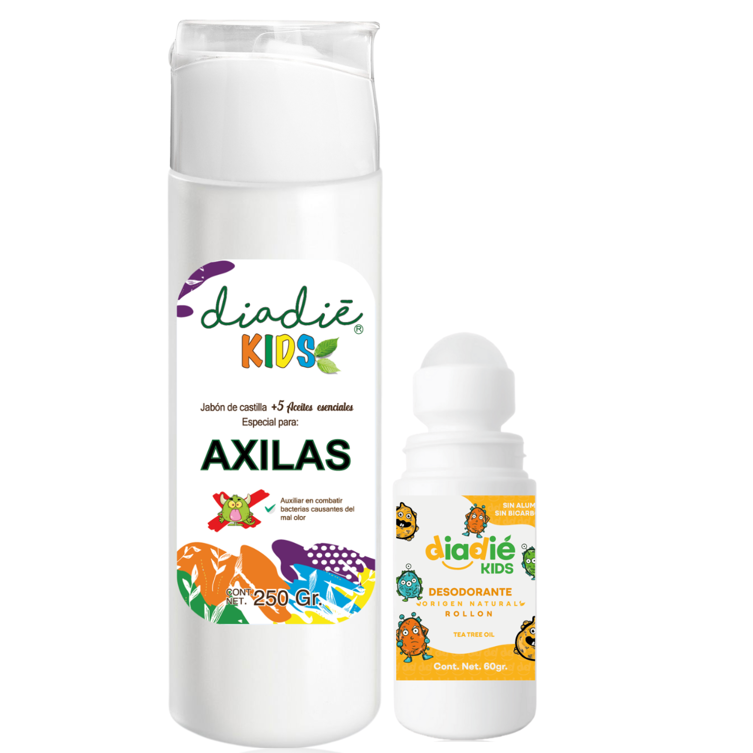 DIADIE KIDS, Combo, Desodorante natural, Rollon, Jabon Liquido natural, Especial, para Axilas, para Niños, para Niñas, Infantil, para eliminar mal olor, Diadie Kids, Rollon, 60g, Jabon Liquido 250g, 2 Pack