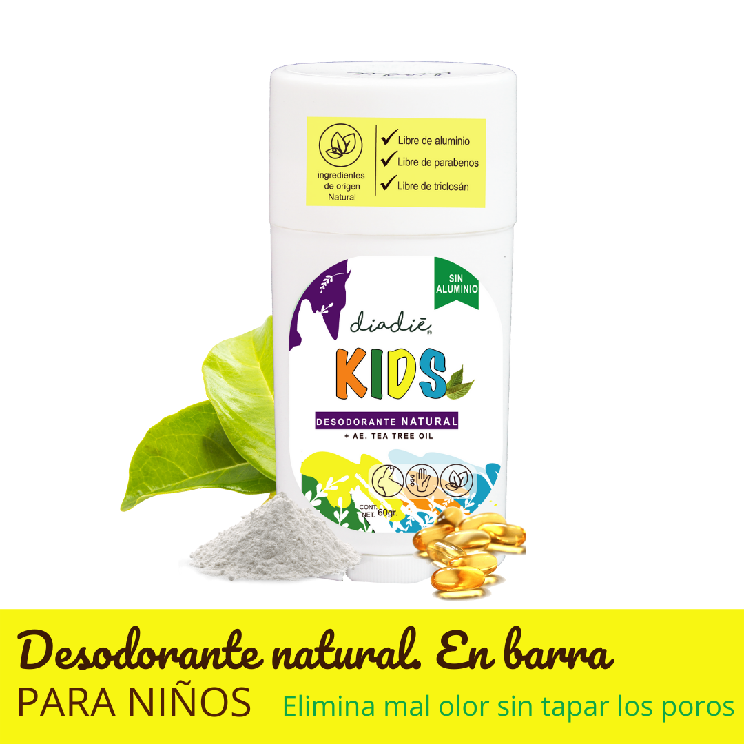 Desodorante natural para niños. Libre de Alumino. Libre de quimicos. Adicionado con aceite esencial tea tree oil y vitamina E