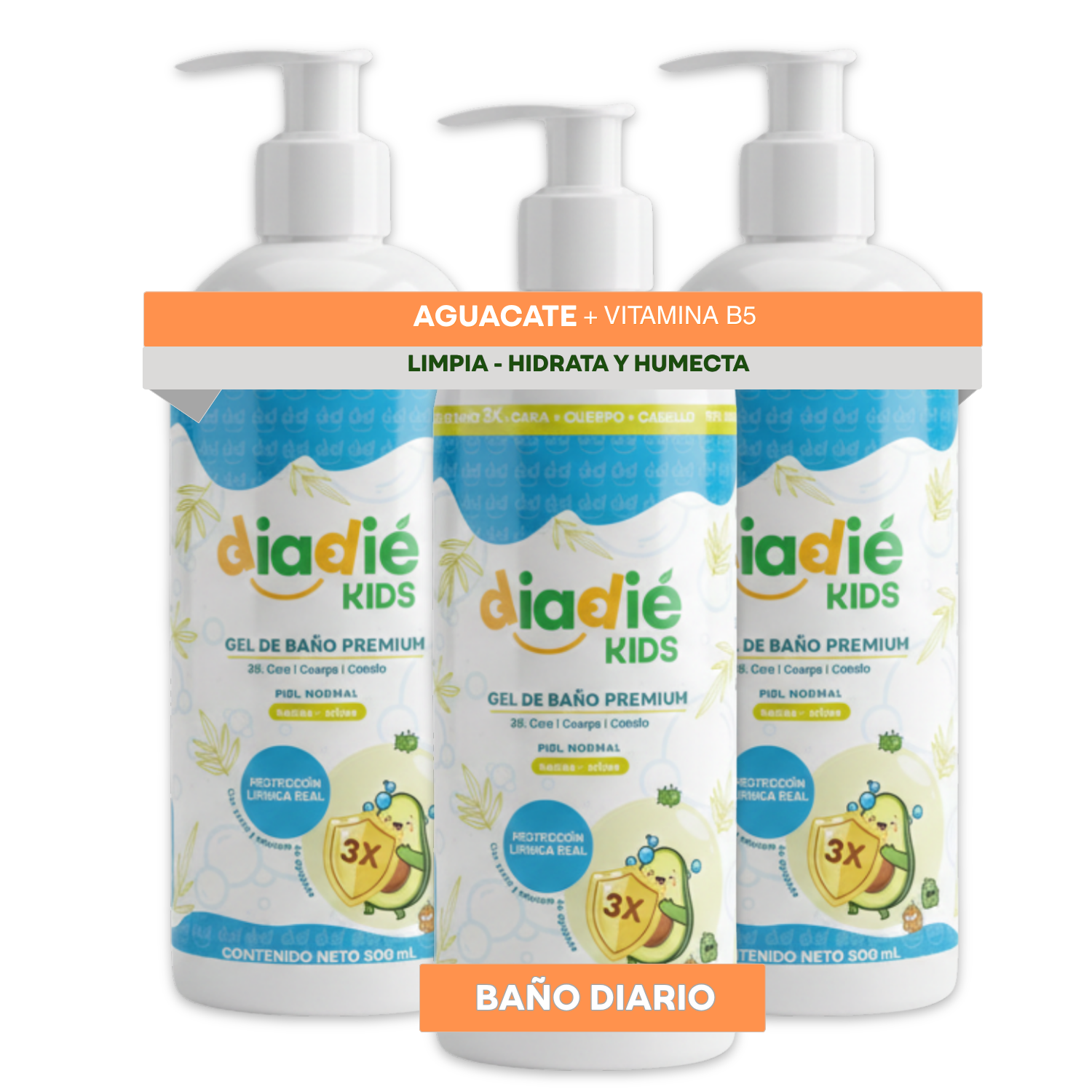 DIADIE KIDS Gel de baño suave para niños, hidrata humecta Aguacate 3 Pack