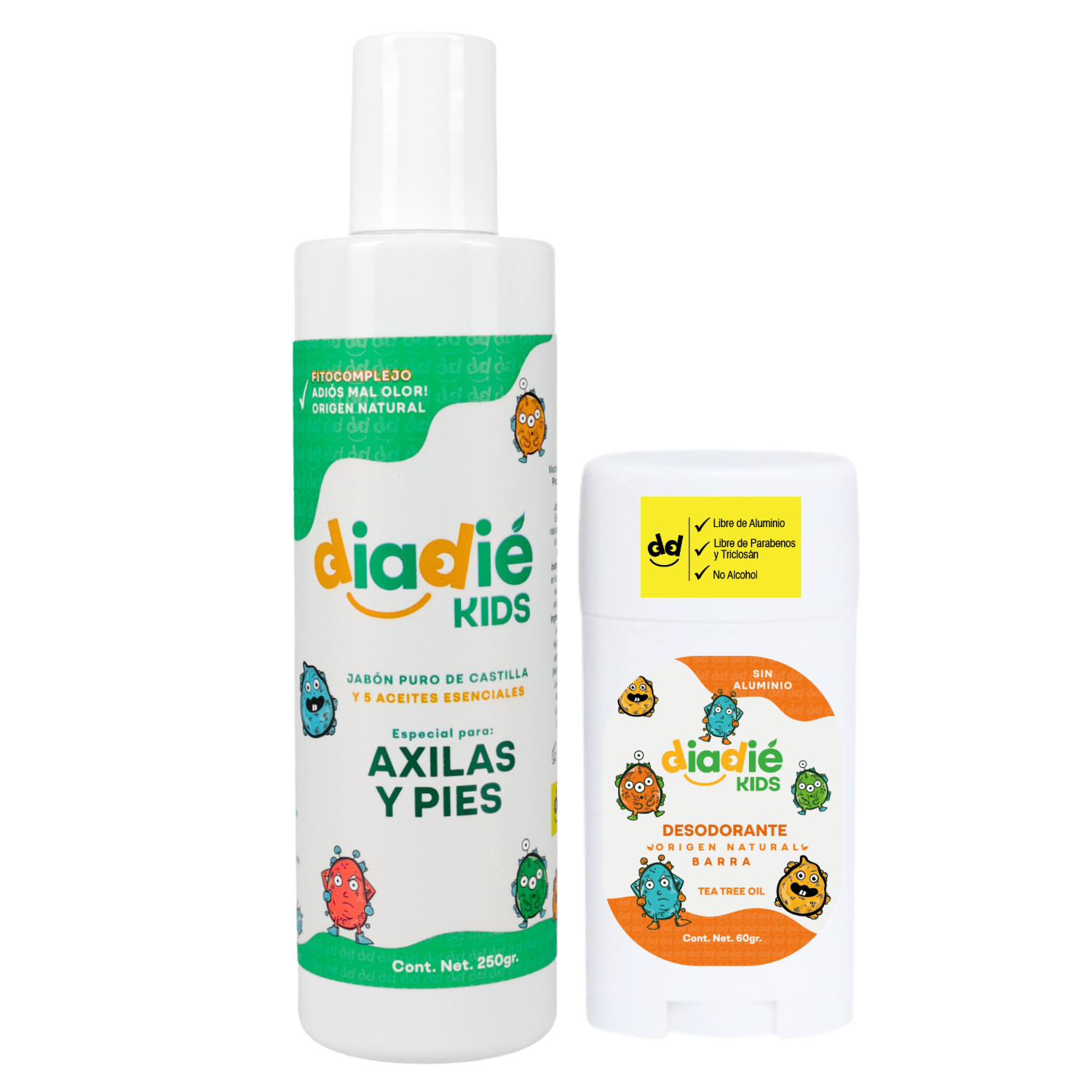 DIADIE KIDS, Combo, Desodorante natural, barra, Jabon Liquido natural, Especial, para Axilas, para Niños, para Niñas, Infantil, para eliminar mal olor, Diadie Kids, barra, 60g, Jabon Liquido 250g, 2 Pack