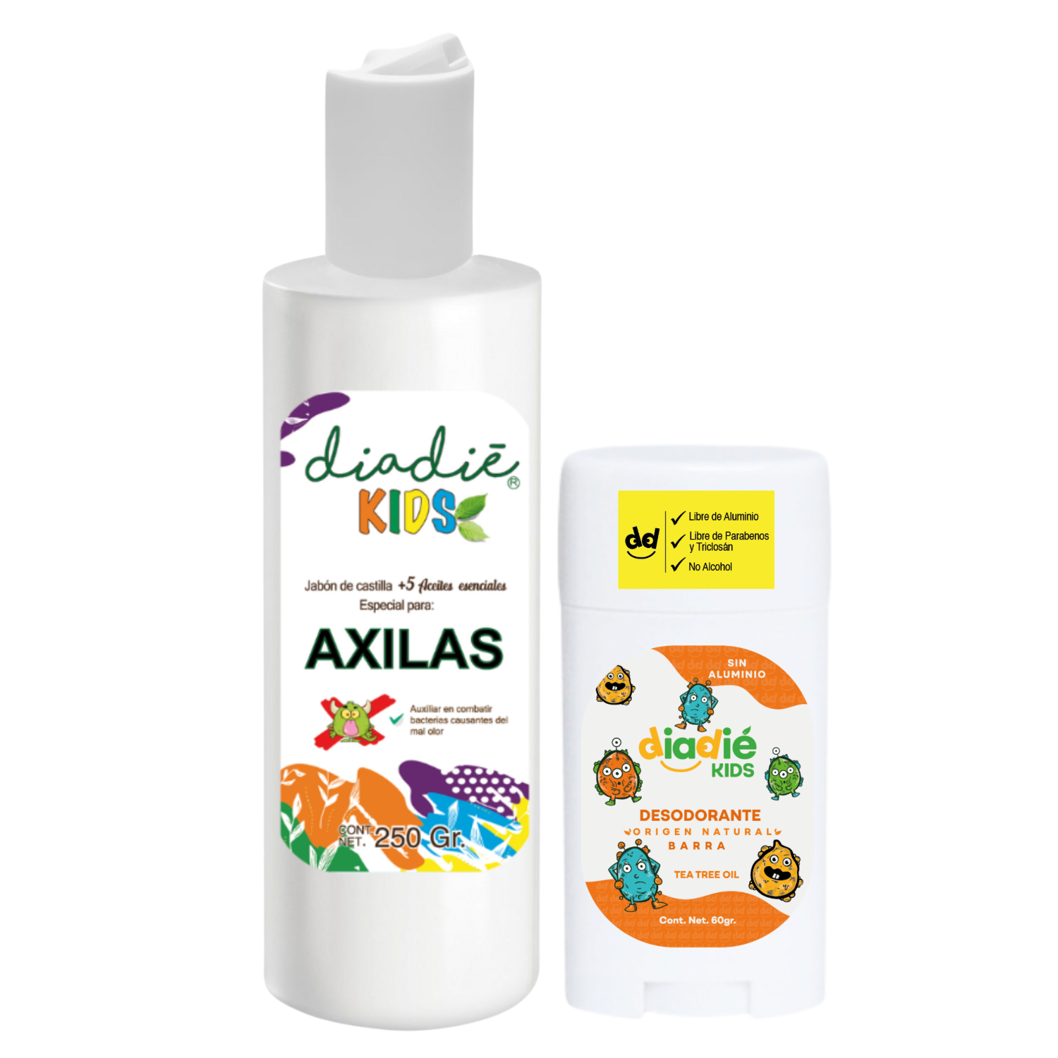 DIADIE KIDS, Combo, Desodorante natural, barra, Jabon Liquido natural, Especial, para Axilas, para Niños, para Niñas, Infantil, para eliminar mal olor, Diadie Kids, barra, 60g, Jabon Liquido 250g, 2 Pack
