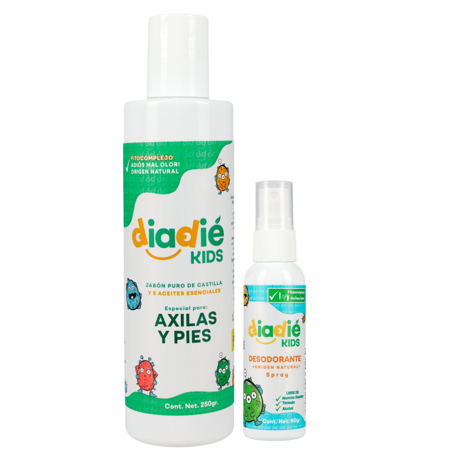 DIADIE Kids, Desodorante natural para niños, para axilas y pies. Spray liquido y Jabon axilas. Elimina mal olor, No tapa los poros. 2 Pack