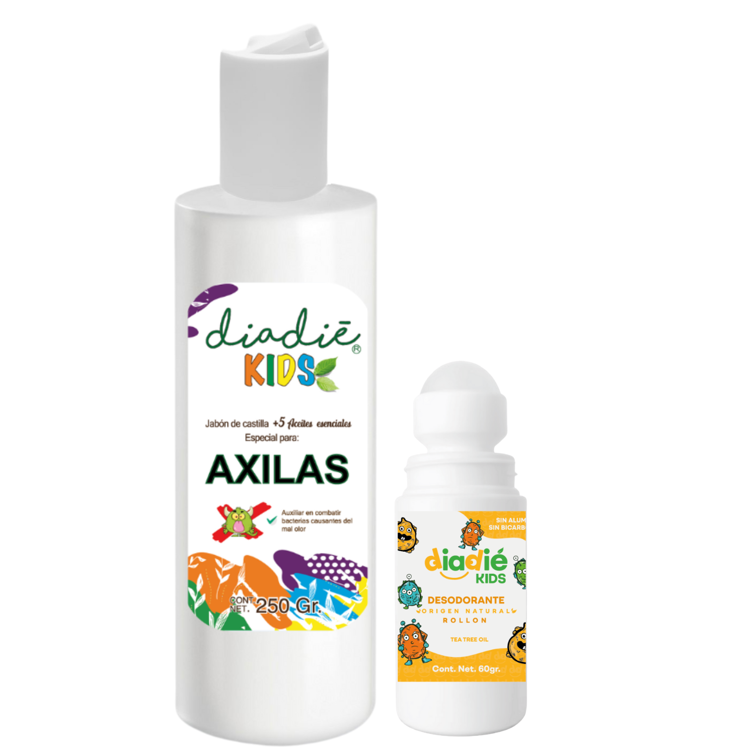 DIADIE KIDS, Combo, Desodorante natural, Rollon, Jabon Liquido natural, Especial, para Axilas, para Niños, para Niñas, Infantil, para eliminar mal olor, Diadie Kids, Rollon, 60g, Jabon Liquido 250g, 2 Pack