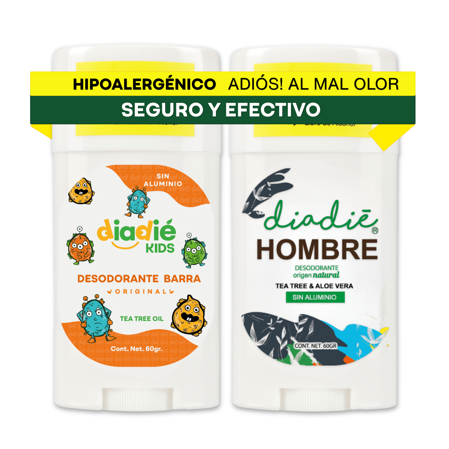DIADIE Desodorante natural Barra, Kids Original + Hombre 24 hrs 2 Pack