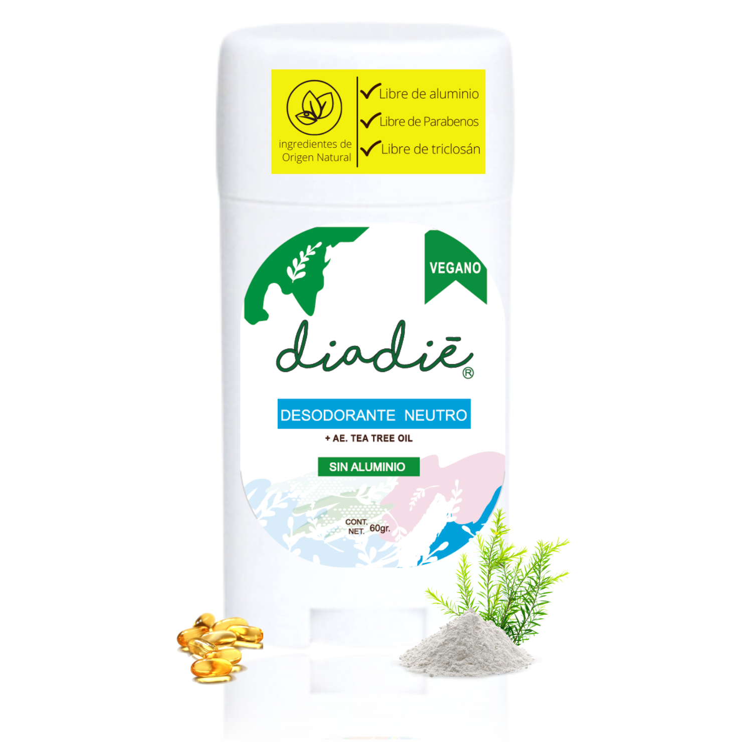 Diadie Desodorante natural neutro, Infantil para Niños y Niñas, Vegano, Sin Aluminio, Barra, 60g, 1 Pack