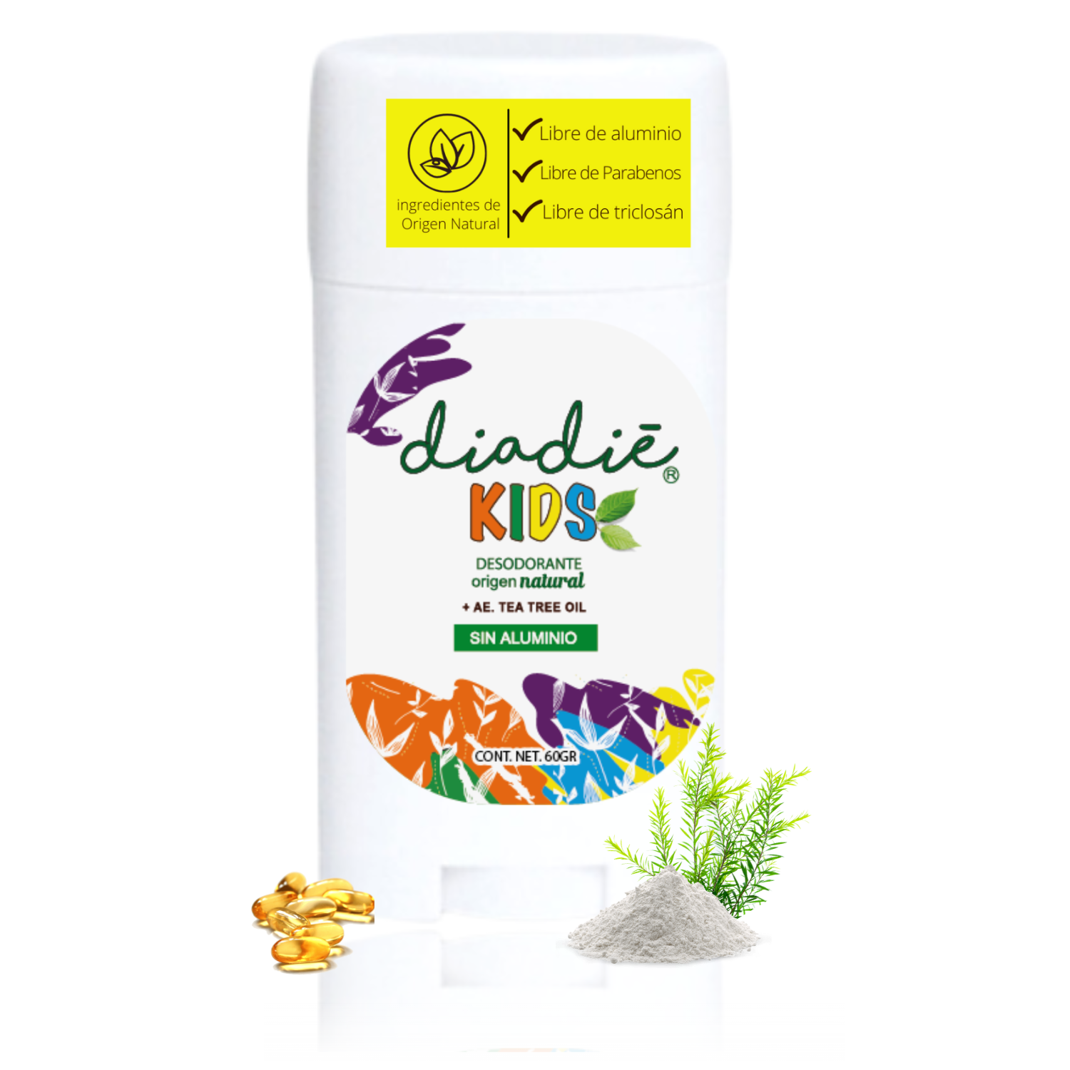 Diadie Kids, Desodorante Infantil para Niños y Niñas, Natural, Sin Aluminio, Barra, 60g, 1 Pack