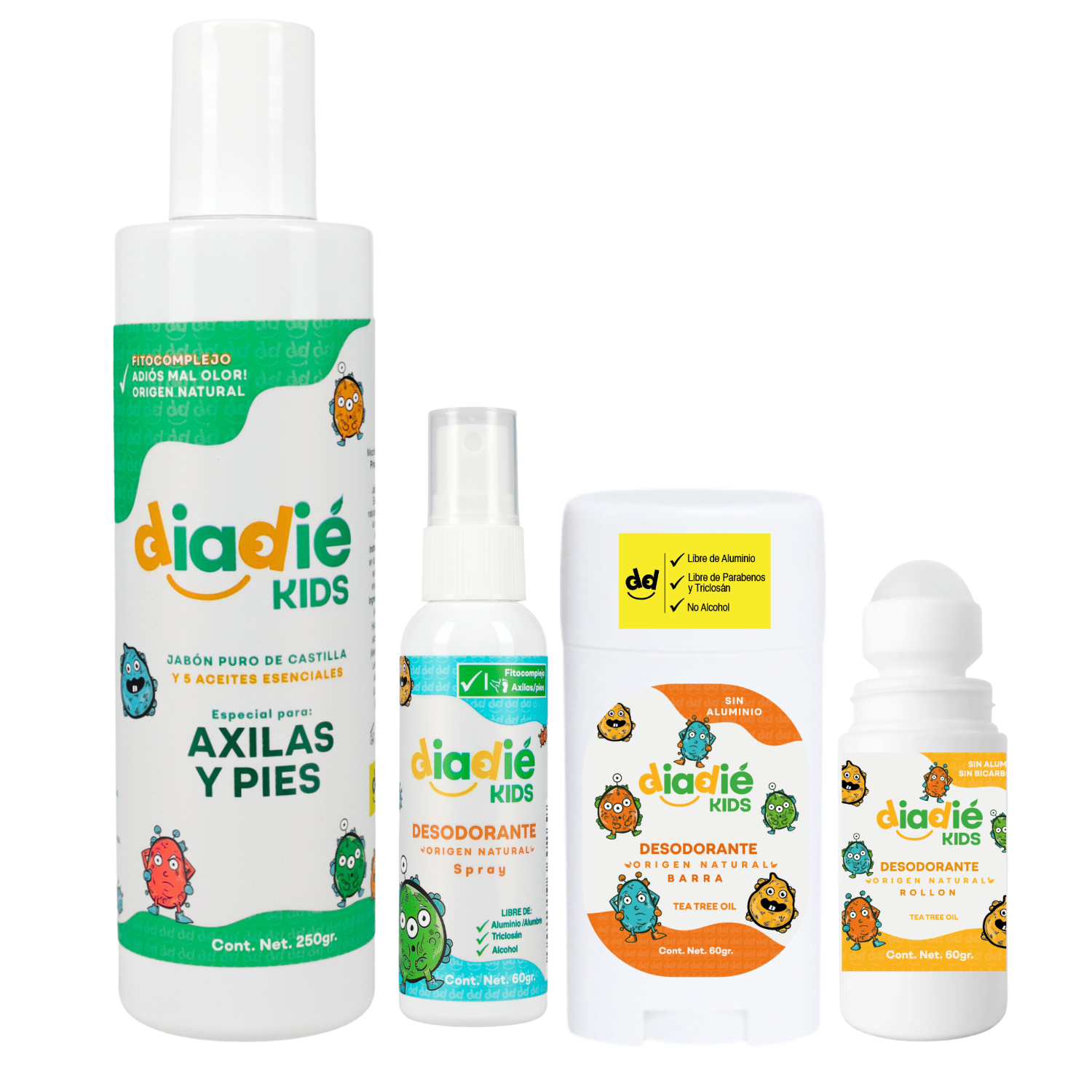 DIADIE Kids Desodorante natural para niños, axilas pies, multipack 4 Pack