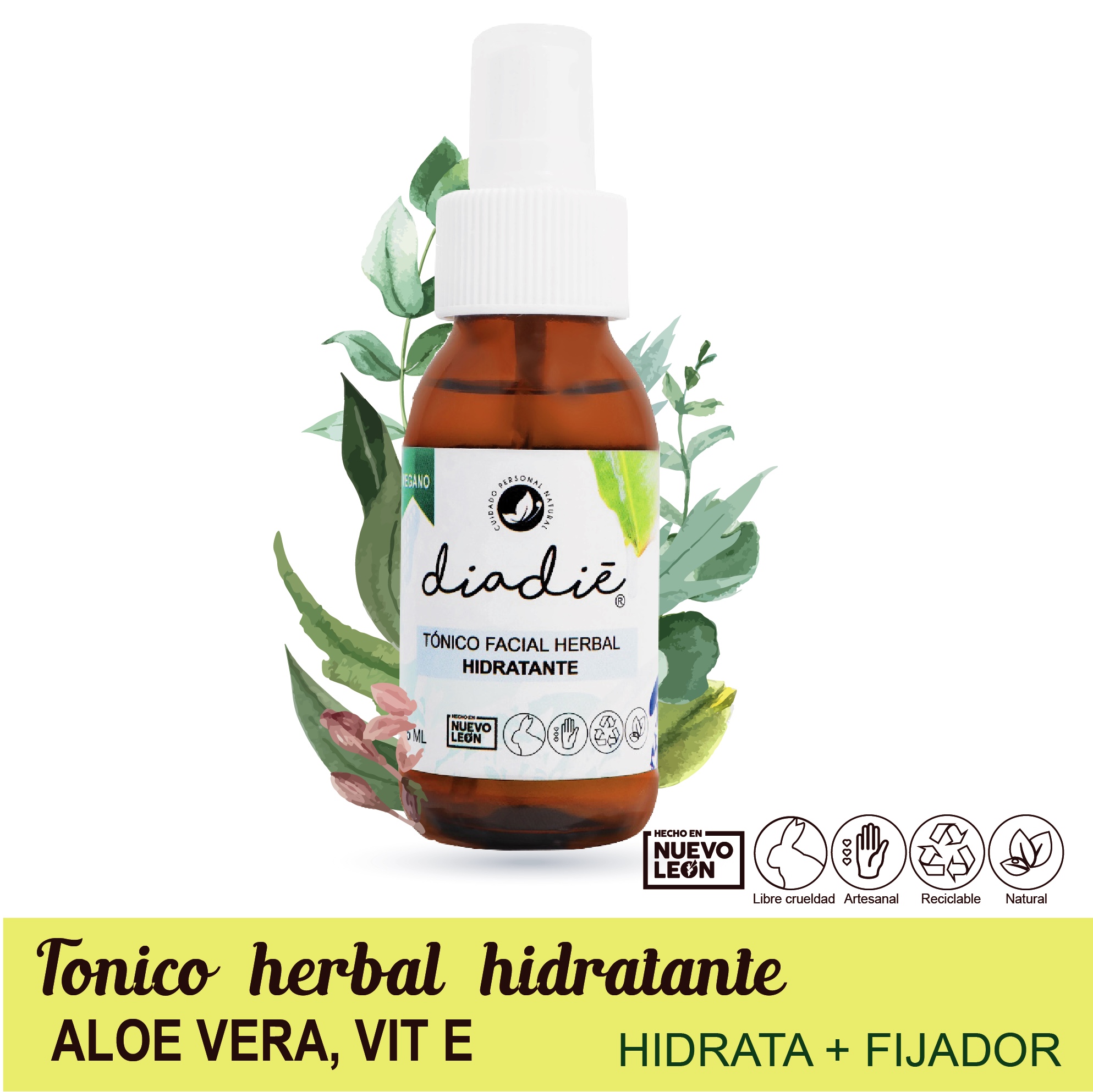 Tónico herbal hidrantante. Orgánico hecho de Aloe Vera y Vitamina E. Hidrata y nutre. Fijador de maquillaje. Vegano. Natural